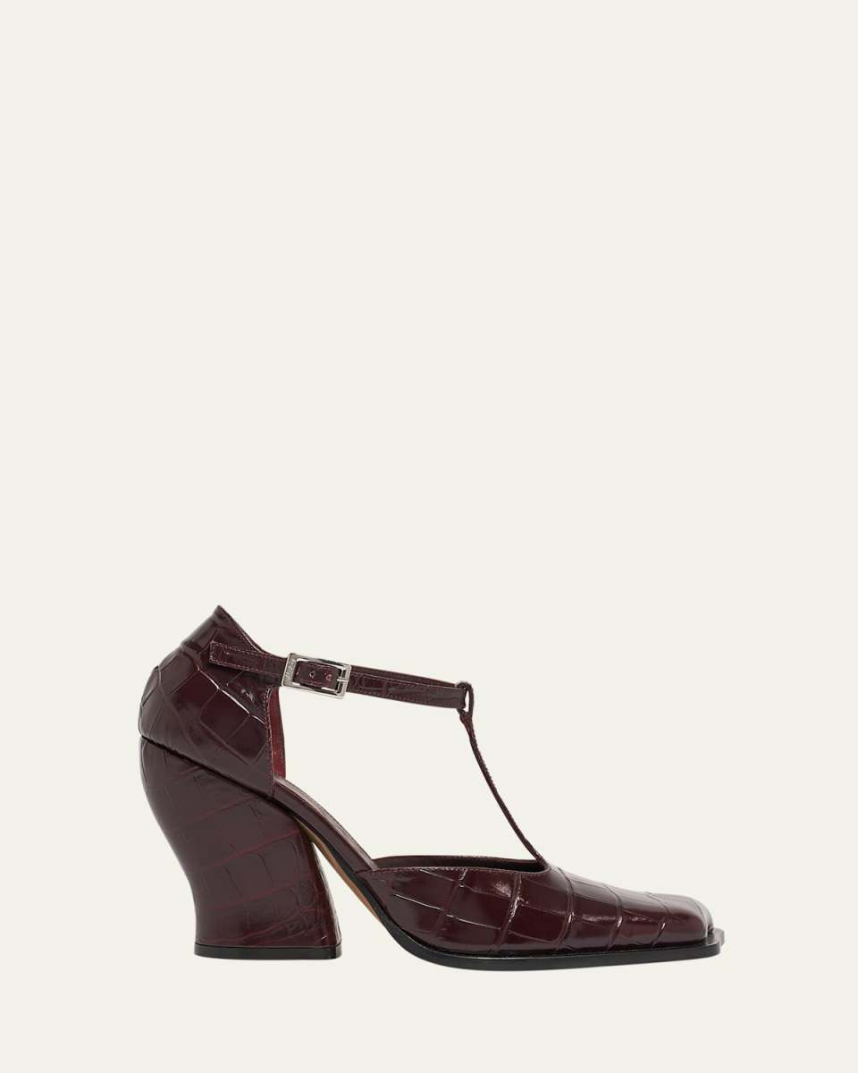 Onda Croc-Embossed Leather T-Bar Pumps